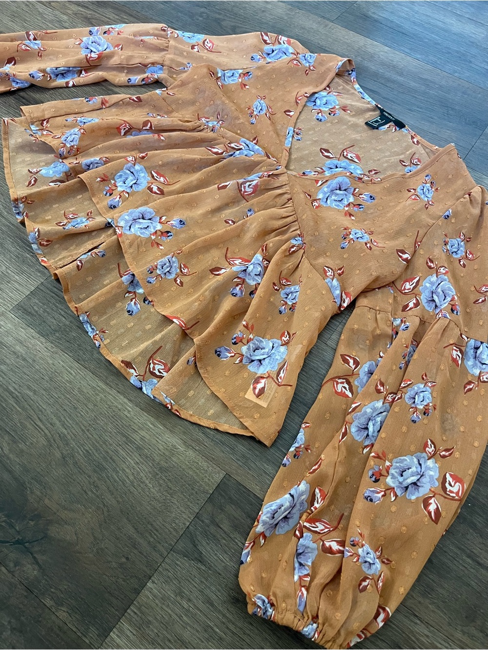 Forever 21 Rust-Orange Boho Floral V-Neck Babydoll Flowy Blouse with Blue Roses